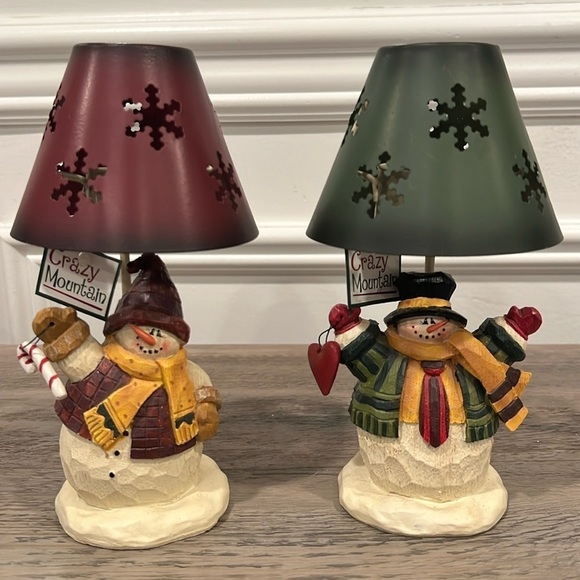 Crazy Mountain Snowman Votive Tea Light Candle Holder Blue Red Shades Snowflakes - Picture 1 of 15